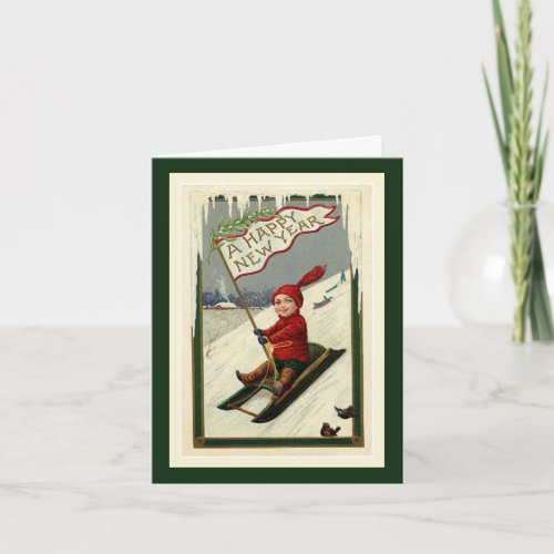 Vintage Happy New Year Boy and Sled Note Card