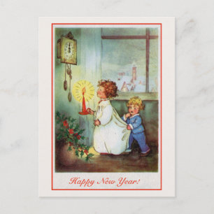 Vintage Happy New Year children clock Holiday Postcard