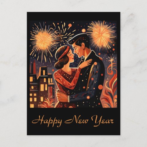 Vintage Happy New Year Fireworks Art Deco Couple  Postcard