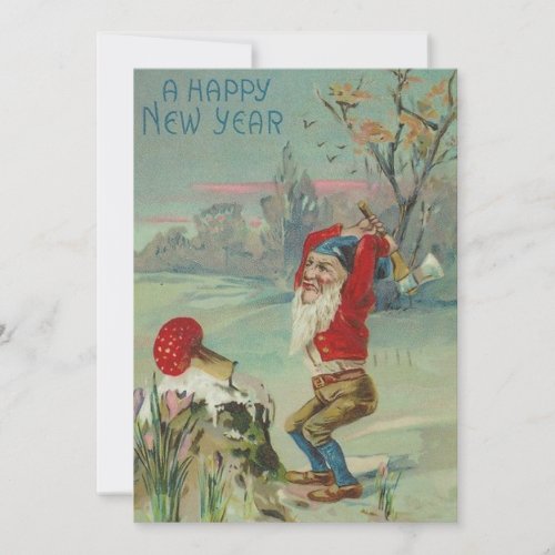 Vintage Happy New Year Gnome Cutting a Mushroom Holiday Card