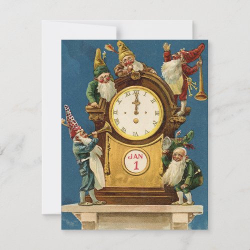 Vintage Happy New Year Gnomes On Clock Holiday Card