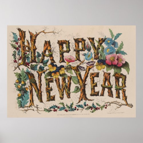 Vintage Happy New Year Illustration 1876 Poster