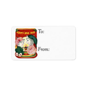 Vintage Happy New Year Kittens Gift Tag