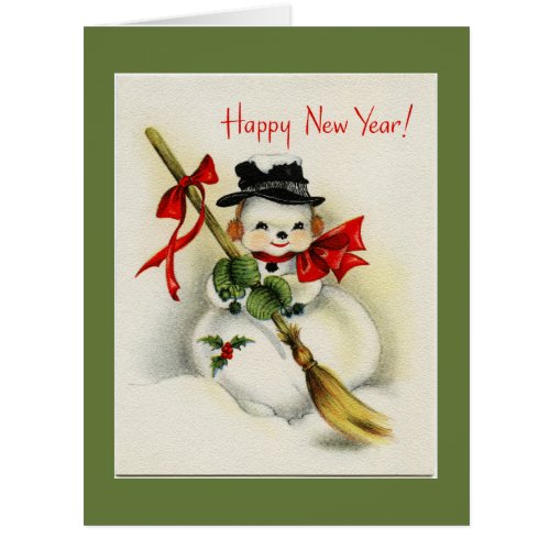 Vintage Happy New Year Snowman Green BIG Card