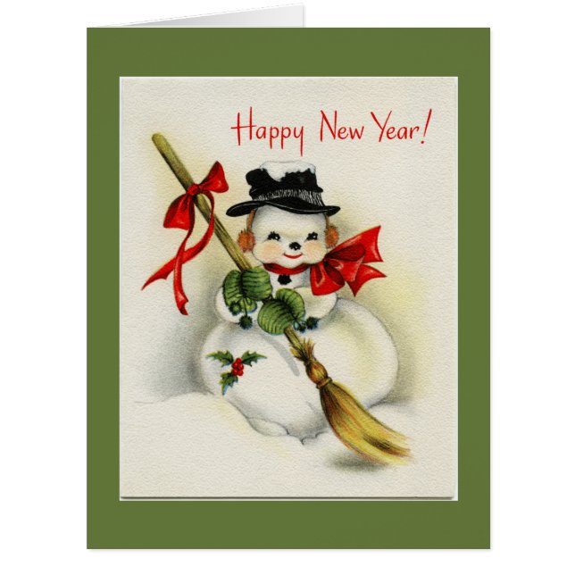 Vintage Happy New Year Snowman Green BIG Card (Front)
