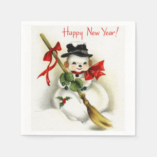 Vintage Happy New Year Snowman White Paper Napkin
