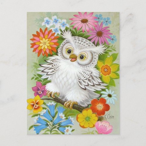 Vintage Happy Owl In Flowers Postcard
