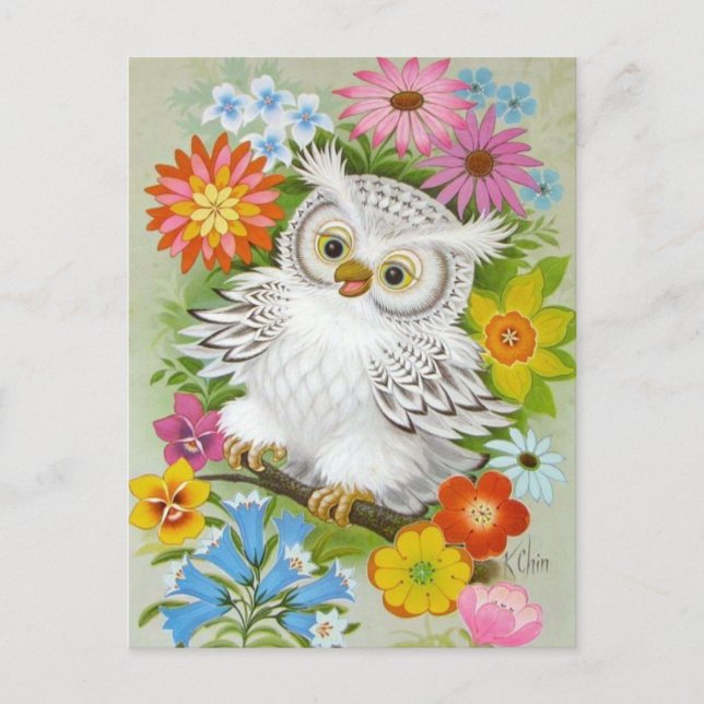 Vintage Happy Owl In Flowers Postcard (Front)