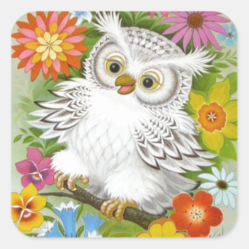 Vintage Happy Owl In Flowers Square Sticker