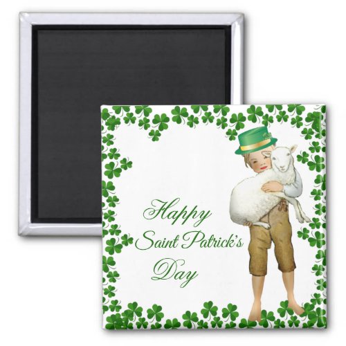 Vintage Happy Saint Patricks Day Hat Boy Hugs Lamb Magnet