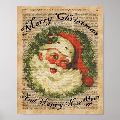 Vintage Happy Santa Christmas Greetings Art Poster