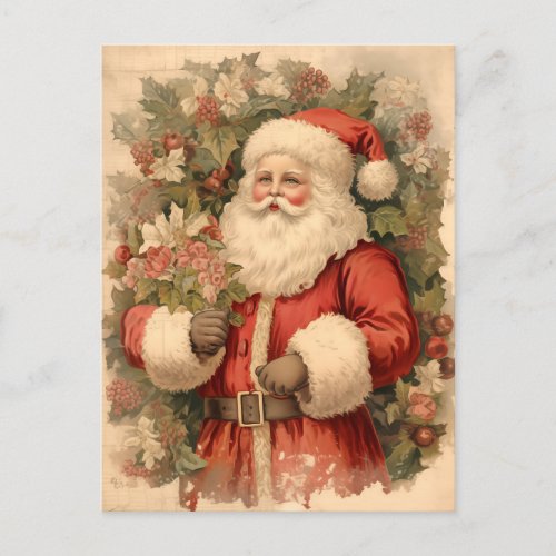 Vintage Happy Santa Clause with Holly Leaves Art Holiday Postcard