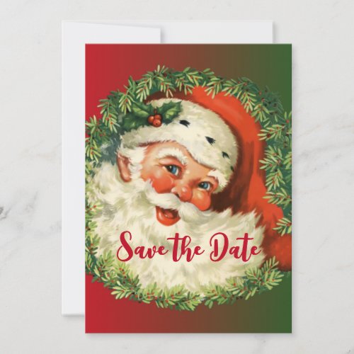 Vintage Happy Santa with Holly  Pine Wreath Save The Date