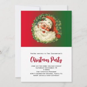 Vintage Happy Santa with Holly & Pine Wreath Xmas Invitation