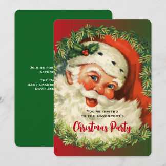 Vintage Happy Santa with Holly & Pine Wreath Xmas Invitation