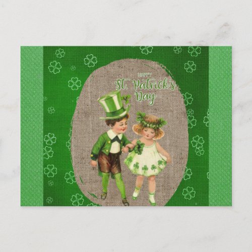 Vintage Happy St Patricks Day Irish Kids Green Postcard