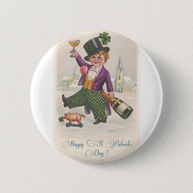 Vintage Happy St Patricks Day Shamrock Champagne Button (Front)