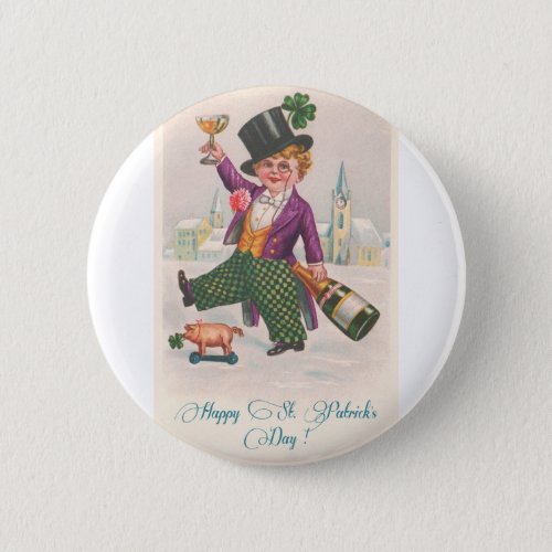 Vintage Happy St Patricks Day Shamrock Champagne Button