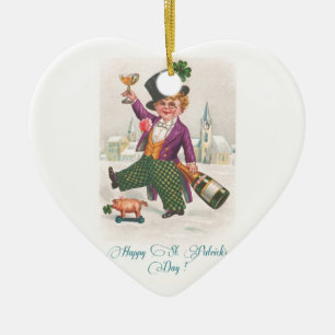 Vintage Happy St Patricks Day Shamrock Champagne Ceramic Ornament