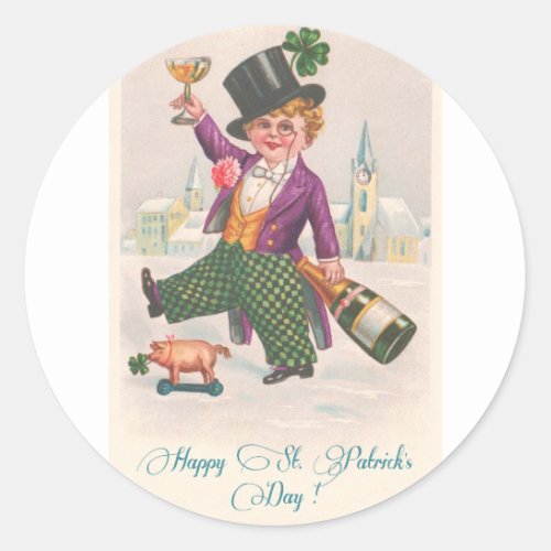 Vintage Happy St Patricks Day Shamrock Champagne Classic Round Sticker