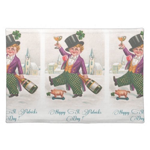 Vintage Happy St Patricks Day Shamrock Champagne Cloth Placemat