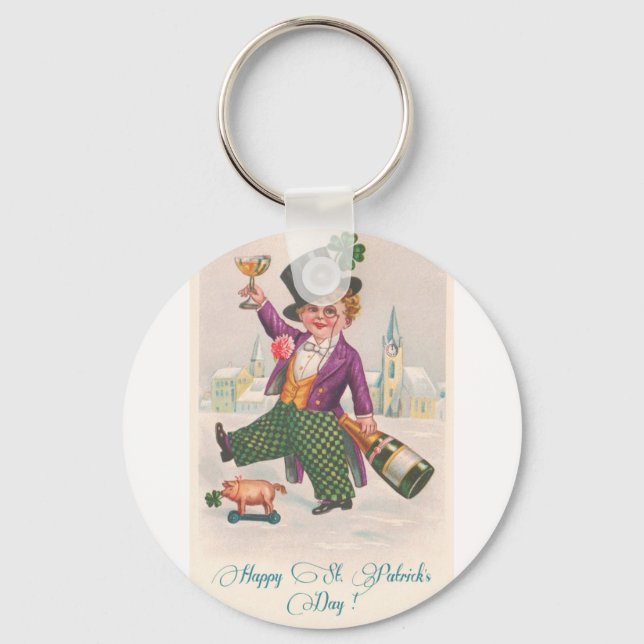 Vintage Happy St Patricks Day Shamrock Champagne Keychain (Front)