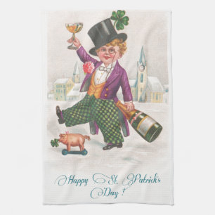 Vintage Happy St Patricks Day Shamrock Champagne Kitchen Towel