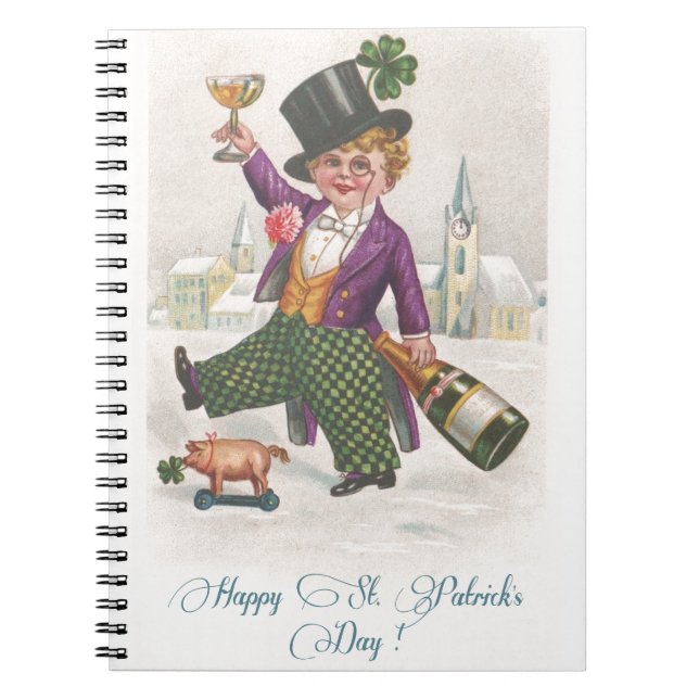 Vintage Happy St Patricks Day Shamrock Champagne Notebook (Front)