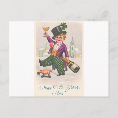 Vintage Happy St Patricks Day Shamrock Champagne Postcard