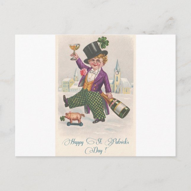 Vintage Happy St Patricks Day Shamrock Champagne Postcard (Front)