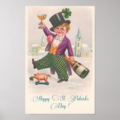 Vintage Happy St Patricks Day Shamrock Champagne Poster