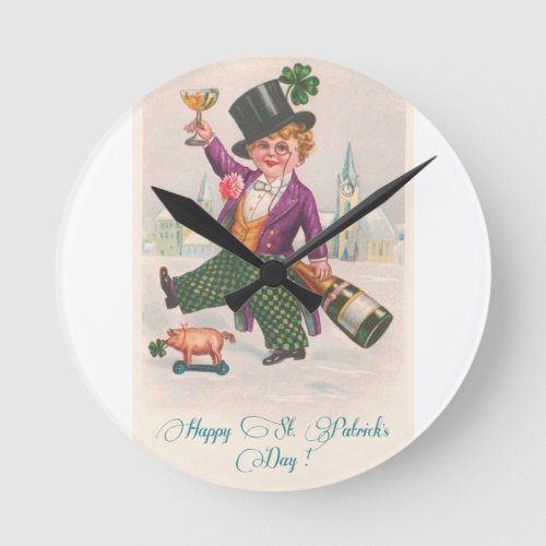 Vintage Happy St Patricks Day Shamrock Champagne Round Clock