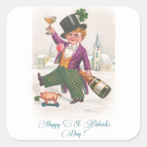 Vintage Happy St Patricks Day Shamrock Champagne Square Sticker