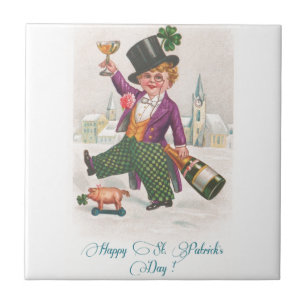 Vintage Happy St Patricks Day Shamrock Champagne Tile