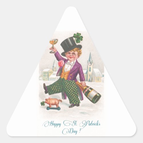 Vintage Happy St Patricks Day Shamrock Champagne Triangle Sticker