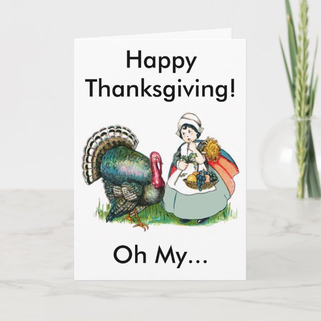 Vintage Happy Thanksgiving Big Turkey Girl Custom Holiday Card (Front)