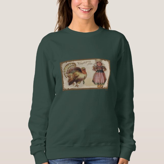 Vintage Happy Thanksgiving Joys, Pilgrim Green Sweatshirt (Front)