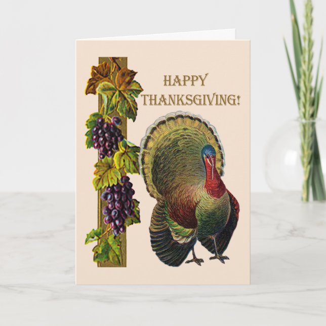 Vintage Happy Thanksgiving Turkey and Grapes, ZSSG Holiday Card (Front)