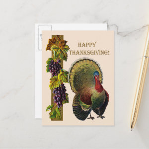 Vintage Happy Thanksgiving Turkey and Grapes, ZSSG Holiday Postcard