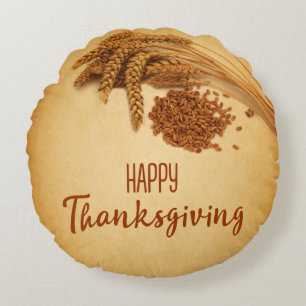 Vintage Happy Thanksgiving Wheat Corn Round Pillow