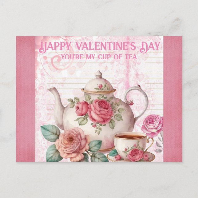 Vintage Happy Valentines Day Cup of Tea Postcard (Front)