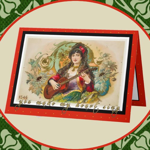 Vintage Happy Valentines Day Gypsy Playing Guitar Card