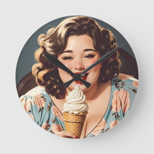 Vintage Happy Woman Eating Ice Cream Round Clock