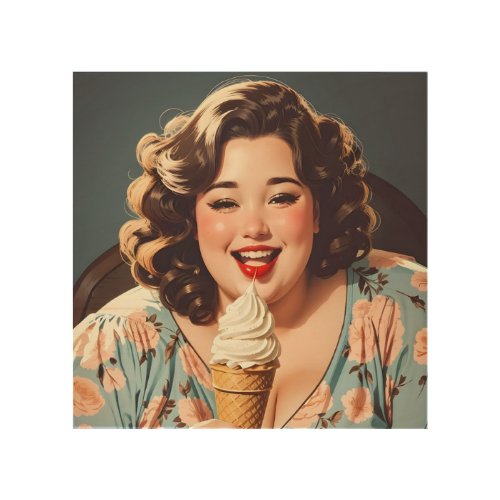 Vintage Happy Woman Eating Ice Cream Wood Wall Art