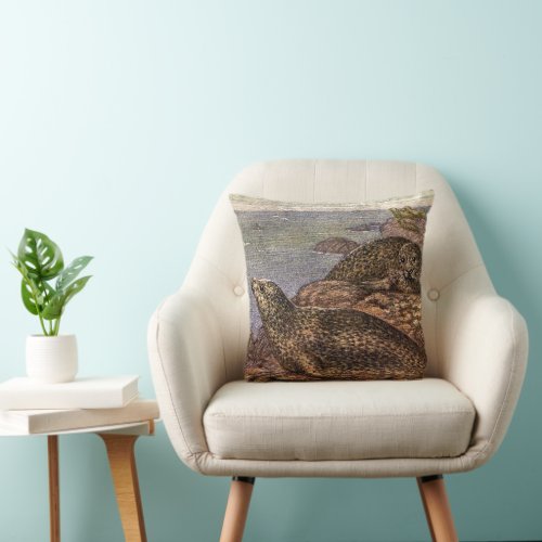 Vintage Harbor Seals Marine Life Ocean Animals Throw Pillow