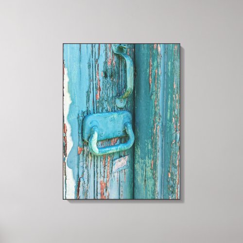 Vintage Hardware on Peeling Teal Green Wood Door Canvas Print