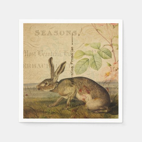 Vintage Hare Animal Illustration Floral Collage Napkins