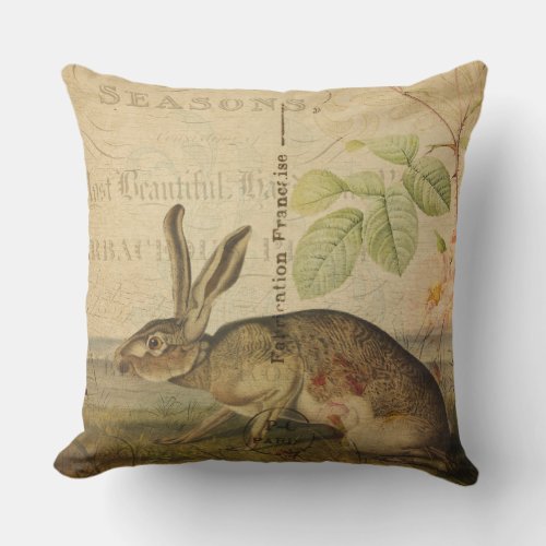 Vintage Hare Animal Illustration Floral Collage Outdoor Pillow