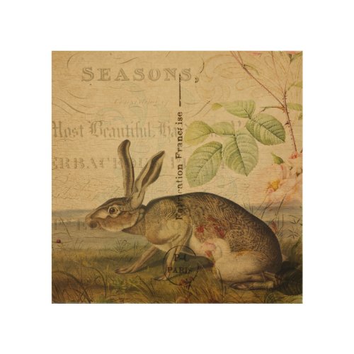 Vintage Hare Animal Illustration Floral Collage Wood Wall Art