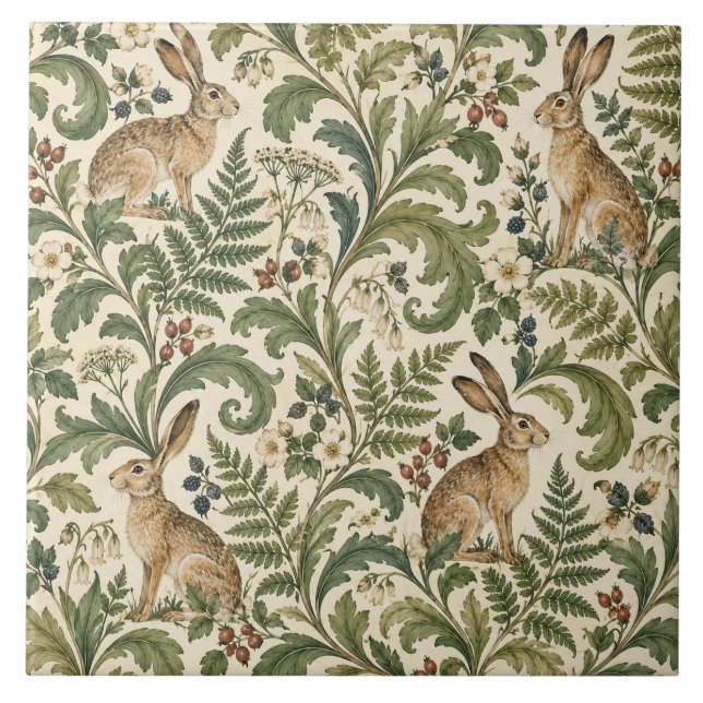 Vintage Hare Botanical Ceramic Tile (Front)
